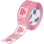 Partially unrolled, the Tamper Evident Tape Logic® Security Tape, measuring 3 x 110 yds., showcases a white grid with red TAMPER EVIDENT TAPE text and features a logo and brand name inside. Offered in cases of 24 rolls.
