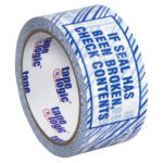 The 3 x 110 yds. Tape Logic® Security Tape (6 Pack) features a distinctive blue and white diagonal stripe design with IF SEAL HAS BEEN BROKEN CHECK CONTENTS printed beside the brand logo, enhancing security.