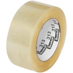 A roll of 2 x 110 yds. clear packing tape with a beige tint has the label Scotch® Box Sealing Tape 313 printed in black on a white strip inside. Part of a (6 Pack), the tape is partially unrolled, revealing its glossy surface.