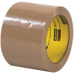 A 3 x 55 yds. roll of tan Scotch Box Sealing Tape 371 stands tall with a smooth finish and wide thickness, featuring a yellow core with the brand logo. Sold in a convenient 6-pack, this reliable tape meets all your sealing needs.
