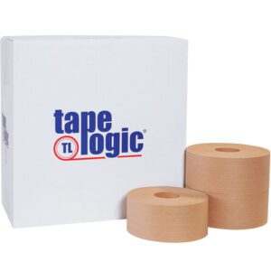 A white box with the blue and red Tape Logic logo sits beside two brown rolls of 70mm x 375 Kraft Tape Logic® Lbs7000 Reinforced Water Activated Tape from an 8-roll case, highlighting the robust design—a glimpse of the full potential.