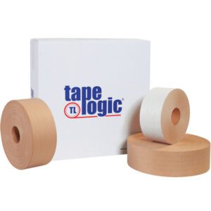 Three rolls of tape, two brown and one white, are displayed with a Tape Logic box in blue and red. This set includes the durable 3 x 375 Kraft Tape Logic® Lbs7500 Reinforced Water Activated Tape, ideal for secure packaging solutions (8 Rolls/Case).