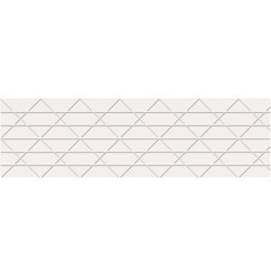 A rectangular white tile with a geometric pattern of thin gray lines forming triangles and trapezoids mirrors the precise design of 72mm x 450 White Central® 240 Reinforced Tape (10/Case). The horizontal lines intersect at various angles for a stunning effect.