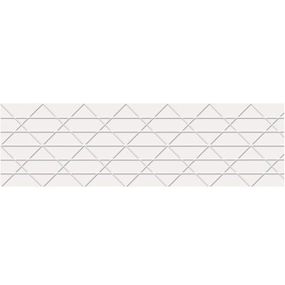 T907240W.jpg A rectangular white tile with a geometric pattern of thin gray lines forming triangles and trapezoids mirrors the precise design of 72mm x 450 White Central® 240 Reinforced Tape (10/Case). The horizontal lines intersect at various angles for a stunning effect.