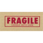 The 3 x 450 Fragile Tape Logic® Lbs7500 has a brown label with a red border, displaying FRAGILE in bold red letters and HANDLE WITH CARE beneath. This messaged reinforced water-activated tape is ideal for delicate shipments and is sold in cases of 10 rolls.