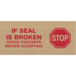 The beige label with red text, IF SEAL IS BROKEN CHECK CONTENTS BEFORE ACCEPTING, accompanies a red stop sign, perfect for the 3 x 450 Stop Tape Logic® Lbs7500 Messaged Reinforced Water Activated Tape (10 Rolls/Case) to ensure safety and quality assurance.