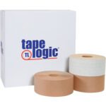 Three rolls are displayed in front of a white Tape Logic box labeled with TL in blue and red. Featured is the MH-USA 3 x 450 Tape Logic #7700 Reinforced Water Activated Tape, perfect for secure packaging and available in cases of ten.