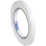 The Tape Logic® 1300 Strapping Tape, 3/8 x 60 yds. (12 pack), has a glossy finish and branded inner ring. Its narrow width is ideal for sealing packages or general use, offering reliability and quality in every roll.