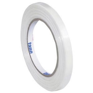A roll of Tape Logic® 1400 Strapping Tape, measuring 3/8 x 60 yds., with a visible inner cardboard core showing some blue text, stands upright against a plain white background.