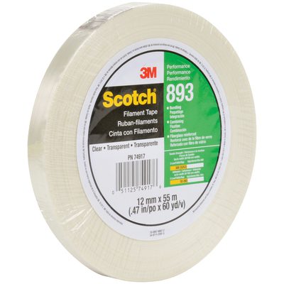 T91289312PK.jpg A roll of 3/8 x 60 yds. (12 Pack) Scotch Filament Tape 893 is clear, transparent, and perfect for bundling, reinforcing, and splicing. Available in a case containing 12 rolls.