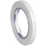 A roll of 1/2 x 60 yds. Tape Logic® 1300 Strapping Tape winds neatly around its white core, featuring clear adhesive with a slightly shiny surface and a blue/red branded inner core.