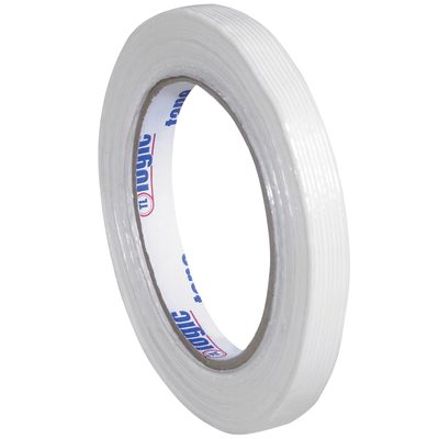 T913130012PK.jpg A 12-pack of 1/2 x 60 yds. Tape Logic® 1300 Strapping Tape showcases its textured, partially unraveled white adhesive and visible cardboard core with the brand name printed prominently on a crisp white background.