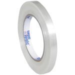 A 12-pack of 1/2 x 60 yds. Tape Logic® 1500 Strapping Tape, with a reflective clear finish and white inner core, rests elegantly with the open end facing left against a plain white background.