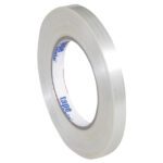 A translucent roll of 1/2 x 60 yds. (12 Pack) Tape Logic® 1550 Strapping Tape with a blue-texted white core is slightly unwound, set against a plain white background.