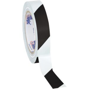 A 3 pack of 1 x 36 yds. Tape Logic® Striped Vinyl Safety Tape features black/white stripes and the brand logo on the inner core, with a section unrolled to display its distinctive design.