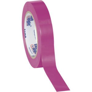 The 1 x 36 yds. Purple Tape Logic® Solid Vinyl Safety Tape, available in a convenient 3 Pack, partially unfurls showing the inner cores text and branding, with its loose end lying flat and pointing away with precision and style.