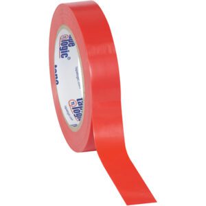 A partially unrolled roll of 1 x 36 yds. Tape Logic® Solid Vinyl Safety Tape reveals its glossy red vinyl finish with logos on the inner core, the tape edge flat on a white background. This pack contains three rolls.