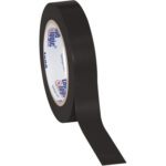 A roll of 1 x 36 yds. Black Tape Logic® Solid Vinyl Safety Tape is slightly unrolled, revealing blue and red branding on the core that contrasts with the sleek black tape.