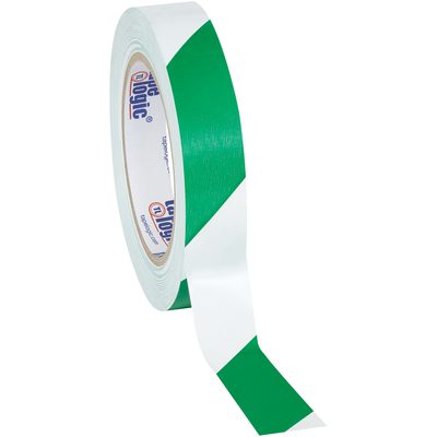 T9136GW.jpg A roll of 1 x 36 yds. Green/White Tape Logic® Striped Vinyl Safety Tape, with a green and white diagonal pattern, features an unclear blue and orange logo on the label. It comes in a case of 48 rolls, partially unrolled for easy use.