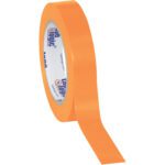 A partially unrolled 1 x 36 yds. Orange Tape Logic® Solid Vinyl Safety Tape, with visible blue and red branding, is shown vertically on a white background. This smooth, shiny tape is sturdy and available in cases of 48 rolls.