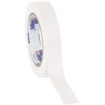 A roll of Tape Logic® 1 x 36 yds. White Solid Vinyl Safety Tape, showing its brand logo on the core, is slightly unrolled to reveal its smooth texture.