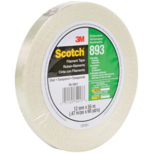 The 1/2 x 60 yds. Scotch® Filament Tape 893, offered in cases of 72, is clear and ideal for strapping, bundling, palletizing, and reinforcing.