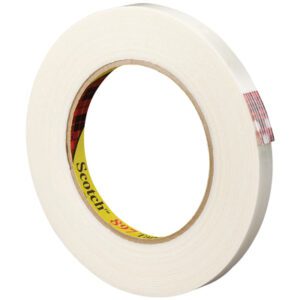 A roll of white 1/2 x 60 yds. Scotch® Filament Tape 897 sits at an angle, label partially visible. Its exposed strip hints at durability, promising reliable packaging in this convenient 12-pack.