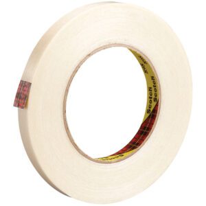 A roll of 1/2 x 60 yds. Scotch® Filament Tape 898 with a tan core and partially unrolled sticky side displays the brand name in black, highlighting precision and quality.