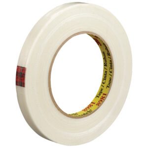 A roll of 3M™ 8981 Strapping Tape with a red and yellow label on the inner ring against a white background. This durable 1/2 x 60 yds. tape provides strength for packaging, sold in a pack of 12 per case.