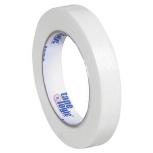 A roll of Tape Logic® 1300 Strapping Tape, 3/4 x 60 yds., showcases blue and red tape logic text on its textured, slightly shiny surface, hinting at reinforced fibers. It is available in a convenient 12 pack.