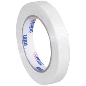 A 12-pack of Tape Logic® 1400 Strapping Tape, measured at 3/4 x 60 yds., features a distinctive ribbed texture and is shown on a white background with its white inner core marked logic tape in blue and red text.