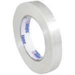 A 12-pack of Tape Logic® 1500 transparent strapping tape (3/4 x 60 yds.) is displayed upright against a neutral background. The inner cardboard ring features the word tape in vibrant blue and red text, ideal for strapping needs.