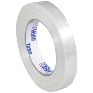 A 12-pack of Tape Logic® 1500 transparent strapping tape (3/4 x 60 yds.) is displayed upright against a neutral background. The inner cardboard ring features the word tape in vibrant blue and red text, ideal for strapping needs.