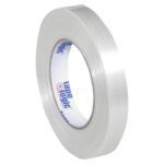 A partially unrolled roll of 3/4 x 60 yds. Tape Logic® 1550 Strapping Tape, with a white and blue inner label, showcases its glossy adhesive against a plain white background, highlighting the case of 48 rolls.