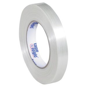 A partially unrolled roll of 3/4 x 60 yds. Tape Logic® 1550 Strapping Tape, with a white and blue inner label, showcases its glossy adhesive against a plain white background, highlighting the case of 48 rolls.