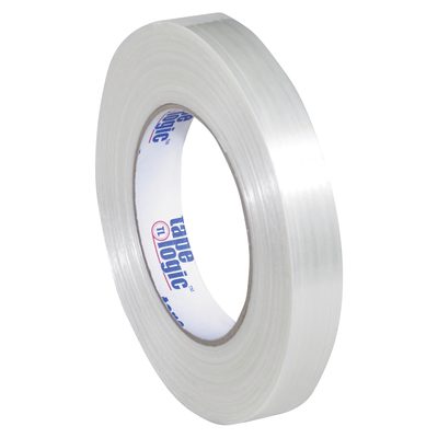 T9141550.jpg A partially unrolled roll of 3/4 x 60 yds. Tape Logic® 1550 Strapping Tape, with a white and blue inner label, showcases its glossy adhesive against a plain white background, highlighting the case of 48 rolls.