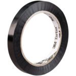 A roll of black electrical tape with the 3M logo on the core is paired with a Tartan™ Strapping Tape 860 pack. The glossy black tape is partially unrolled against a white background.