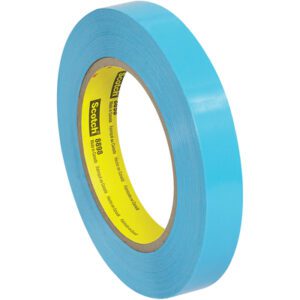 A case of 3/4 x 60 yds. 3M Strapping Tape 8898 includes a pack of 48 rolls. The blue tape is wrapped around a cardboard core with yellow branding and black text, standing upright to display the blue surface.