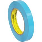 A 3/4 x 60 yds. roll of blue 3M Strapping Tape 8898, with a yellow core and black text, is coiled around itself in a three-quarter angle view; available in a 12 pack.