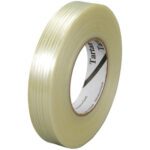 A roll of 3/4 x 60 yds. 3M™ 8932 Strapping Tape from a 12-pack case features a cardboard core and glossy surface, perfect for wrapping or sealing packages, embodying reliable 3M™ quality.