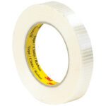 The 3/4 x 55 yds. Scotch® Bi-Directional Filament Tape 8959 features a yellow core with red text and a textured surface, ideal for durable packaging and sealing. Available in cases of 48 for your convenience.