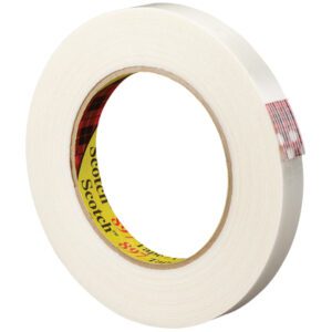 A roll of 3/4 x 60 yds. Scotch® Filament Tape 897, featuring a red and black checkered core design, is partially unwound to display its adhesive surface against a clean white background, emphasizing its practicality and reliability.