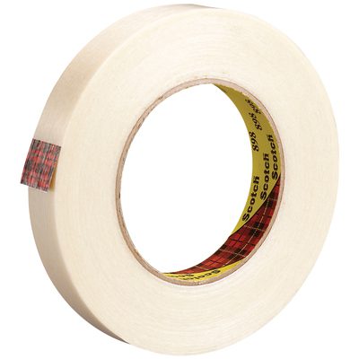 T9148986PK.jpg A roll of transparent adhesive tape with a yellow inner ring displaying the brand name rests on a white background, showing a small piece of its plaid-patterned flap that hints at its reliability, akin to 3/4 x 60 yds. (6 Pack) Scotch® Filament Tape 898.