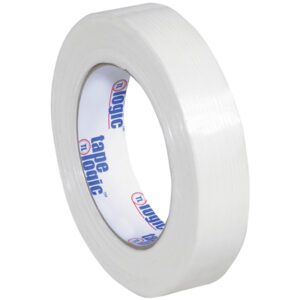 The 1 x 60 yds. Tape Logic® 1400 Strapping Tape has a glossy, smooth surface and circular shape, featuring the brand name on the adhesive strip. Each case includes 36 rolls.
