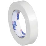 A 1 x 60 yds. Tape Logic® 1400 Strapping Tape roll from a 12 Pack features a white core with blue and red Tape Logic branding. The glossy tape stands upright against a plain white background.