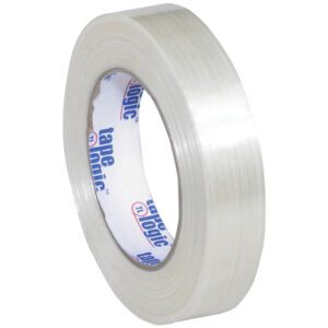 A case of 36 rolls of Tape Logic® 1500 Strapping Tape (1 x 60 yds.) features a white core with blue and red text, slightly glossy and tightly wound for all your packaging needs.