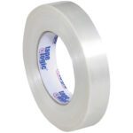 A 1 x 60 yds. roll of Tape Logic® 1550 strapping tape, with blue and red text on the label, stands upright on a white background. It is durable and comes in a convenient package of 36 rolls per case.