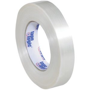 The 1 x 60 yds. Tape Logic® 1550 Strapping Tape features a glossy finish and displays its cylindrical shape, labeled on the inner core. Its available in a convenient 12-pack.