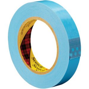 This roll of Scotch® Strapping Tape 8896 measures 1 x 60 yds., features a yellow core with a red plaid pattern and Scotch printed, and its tape end is slightly lifted for easy peeling. Perfect for packaging needs, it is available in cases of 36 rolls.