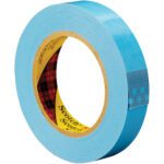 The 1 x 60 yds. (12 Pack) Scotch® Strapping Tape 8896 features a glossy blue exterior, a yellow interior, and an inner red plaid pattern with Scotch, offering a vibrant look to this durable adhesive essential.